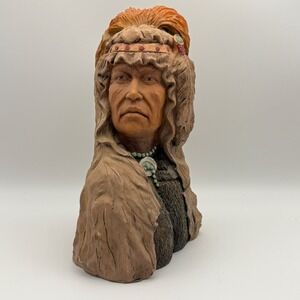 Native American Chief Bust Ceramic Sculpture Hand Painted Southwest Rustic Decor